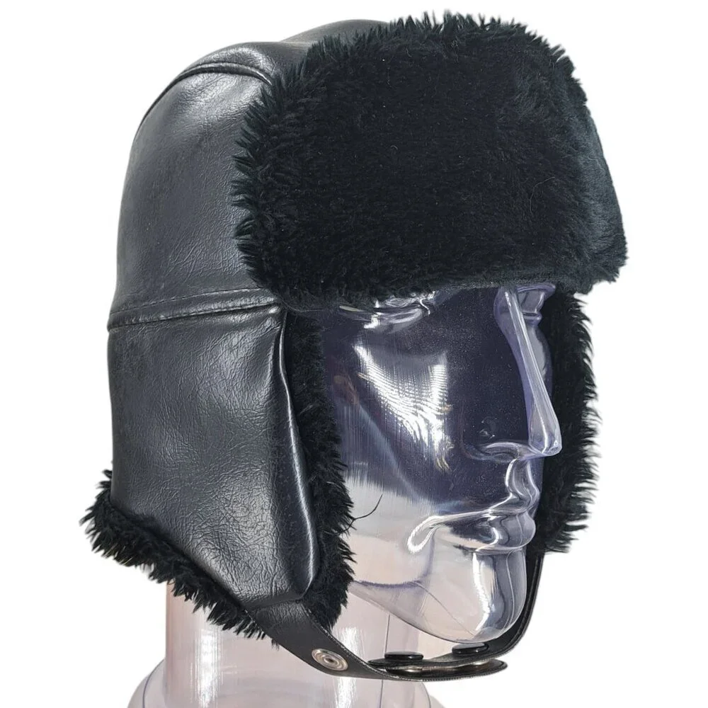 Vintage YA Headwear Trapper Black Faux Leather Winter Hat Size M Ear Flaps Moto